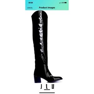 Thigh high over the knee patent leather boots.